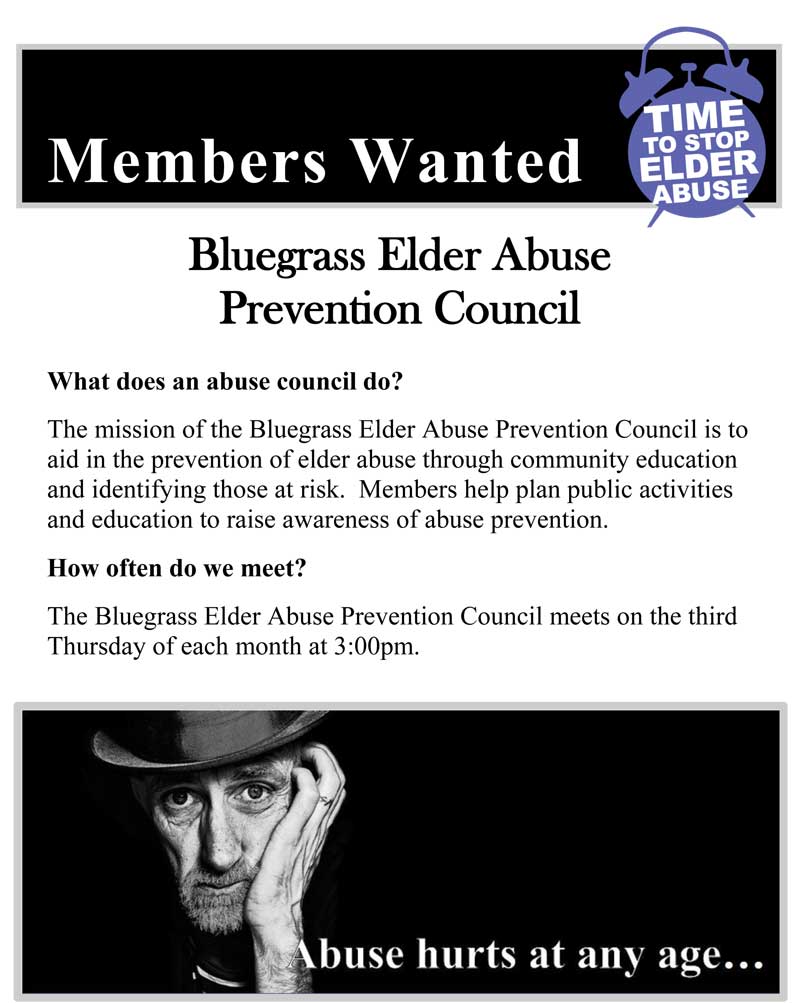 Members Wanted poster for the Bluegrass Elder Abuse Prevention Council